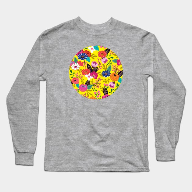 Bright boho hand drawn flower pattern Long Sleeve T-Shirt by Jennifer Ladd